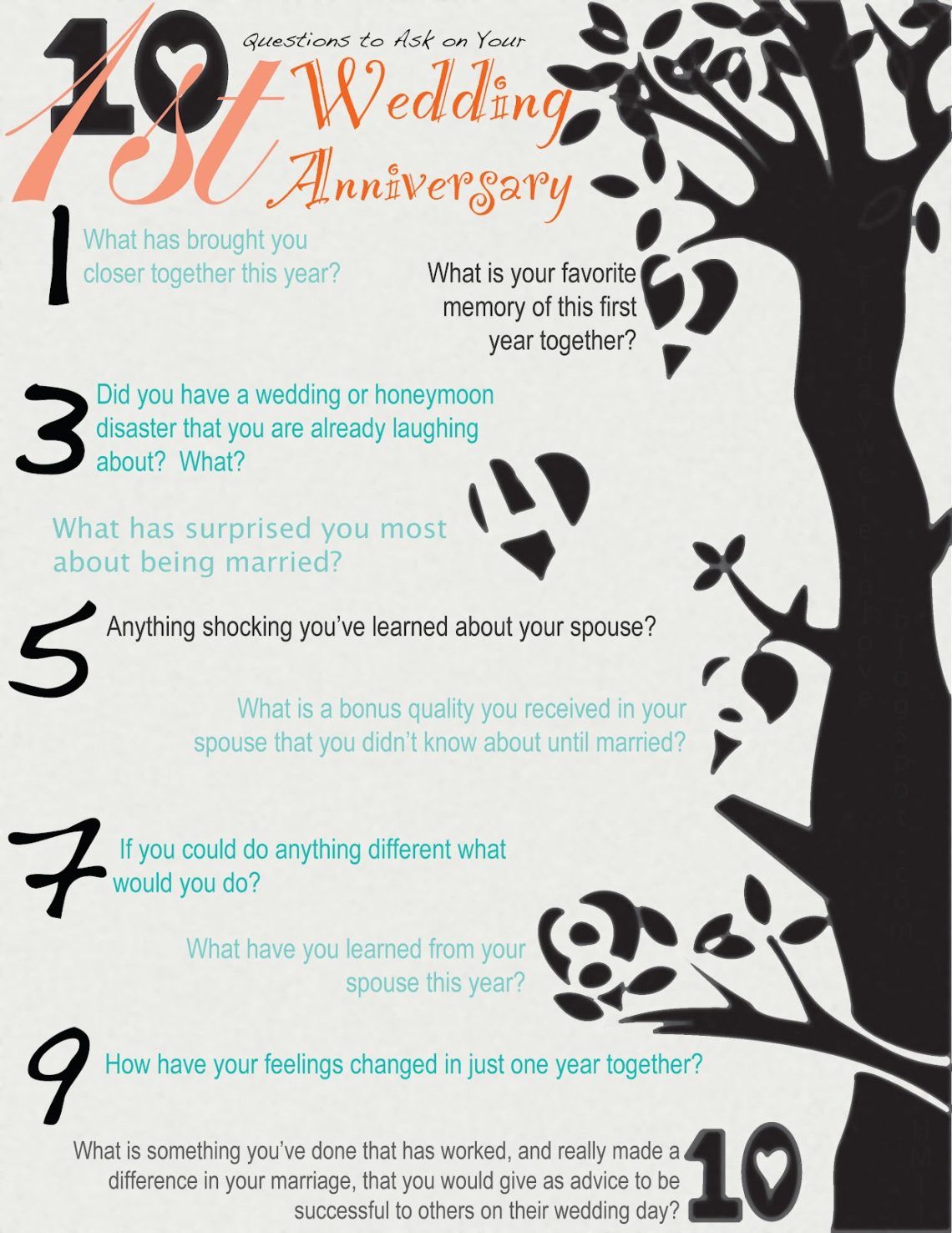 Printable 10 questions to ask on your 1st anniversary. 