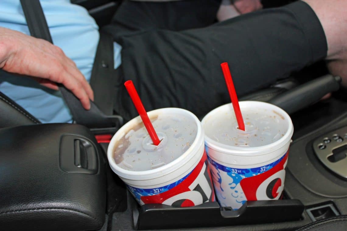 Fountain drinks in car. 