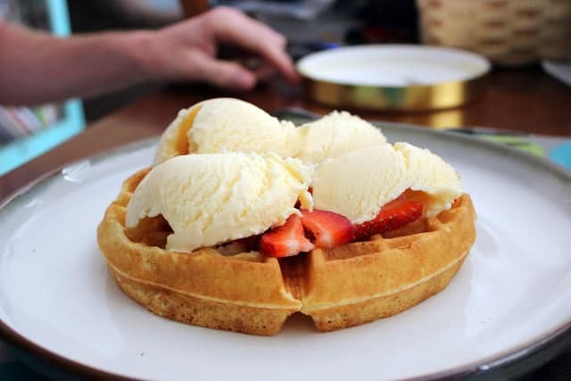 Easter waffle recipe with ice cream on top. 