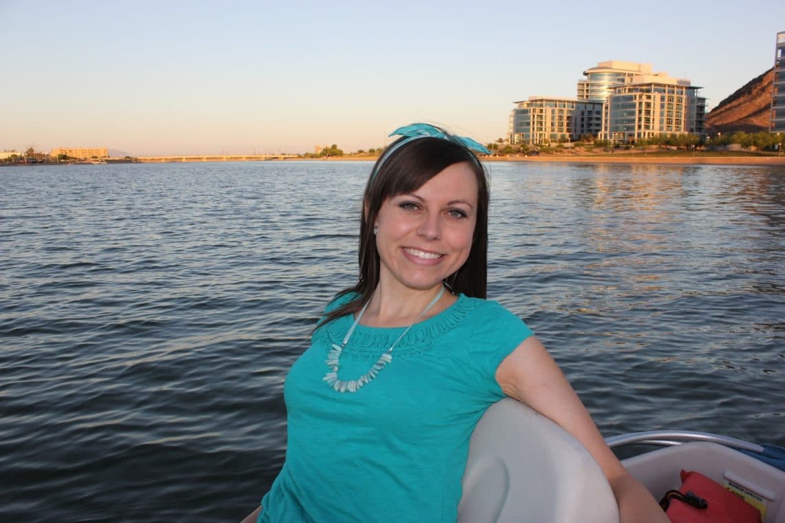 Paddle Boats Rental in Tempe. Woman sitting on paddle boats at Tempe Towne Lake. 