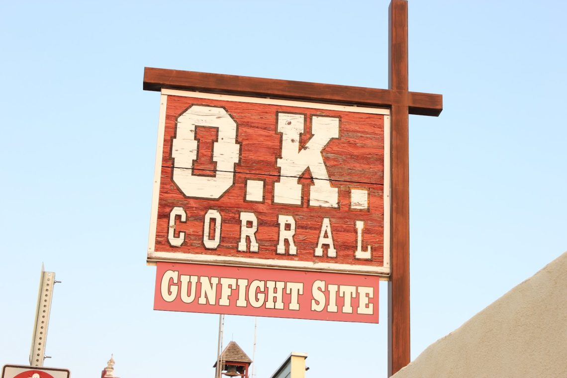 Sign for the O.K. Corral Gunfight site in Tombstone Arizona. 