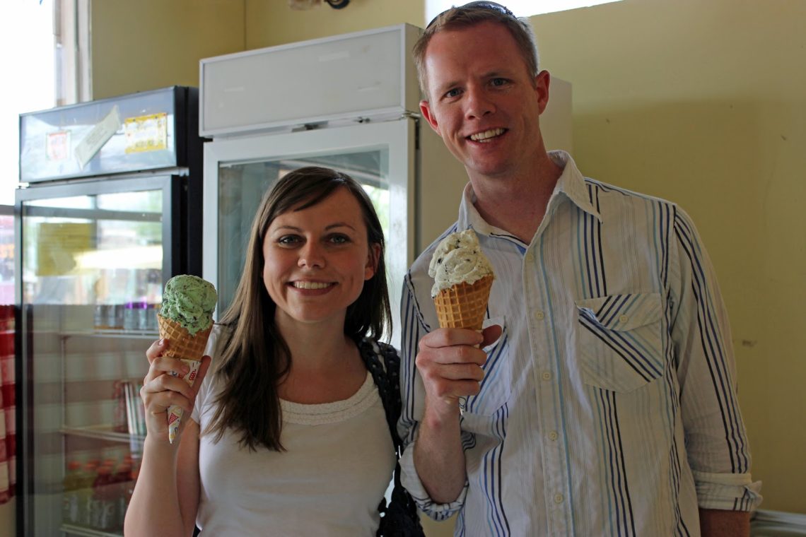 A couple getting ice cream at the ice cream shop in Tombstone Arizona. 