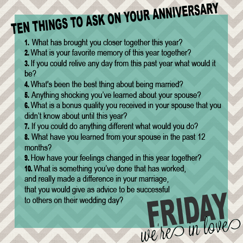 Printable file with a list of 10 questions to ask on your anniversary. 