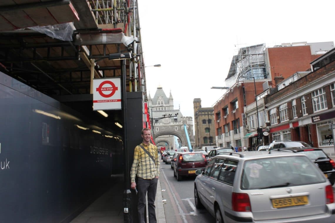 Busy London streets over the Tower Bridge. 