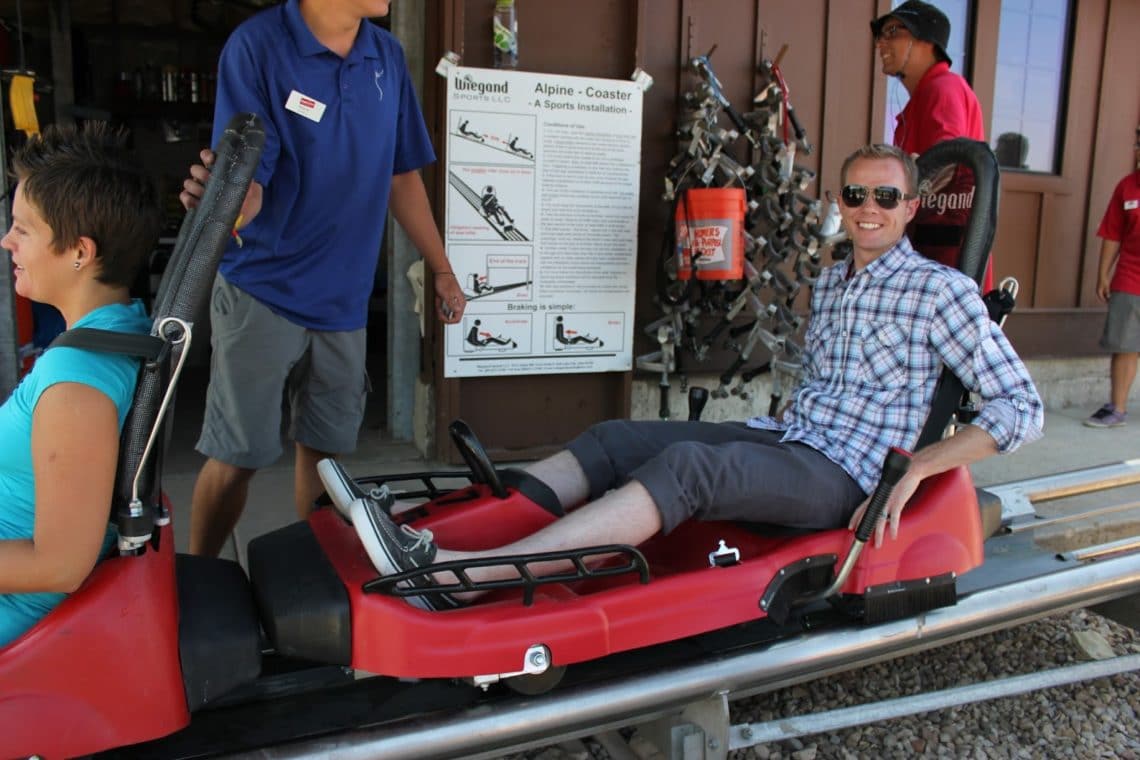 Loading on cart to ride the Mountain Coaster, also called the Alpine Coaster, in Park City, Utah. 