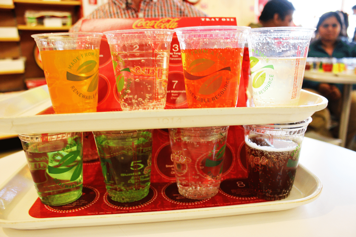 Coca-Cola Factory Las Vegas beverage taste test tray. 