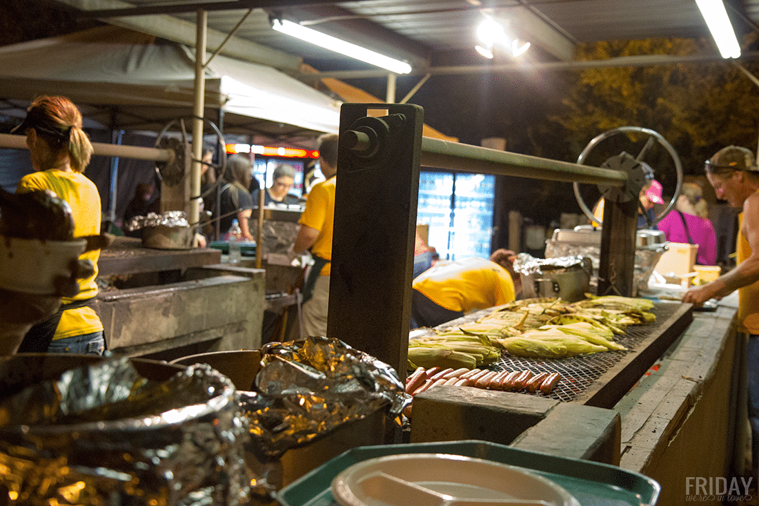 Food at Schnepf Farms Pumpkin and Chili Fest at nighttime. 