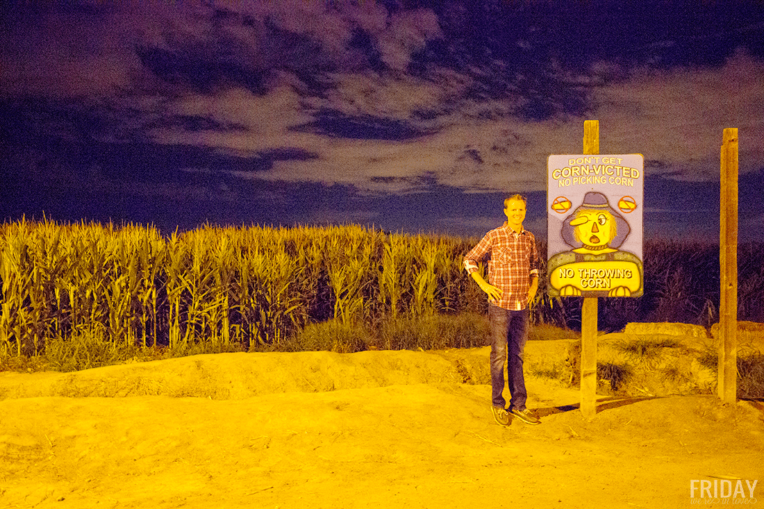 Man in front of corn maze at Schnepf Farms Pumpkin and Chili Fest at nighttime. 