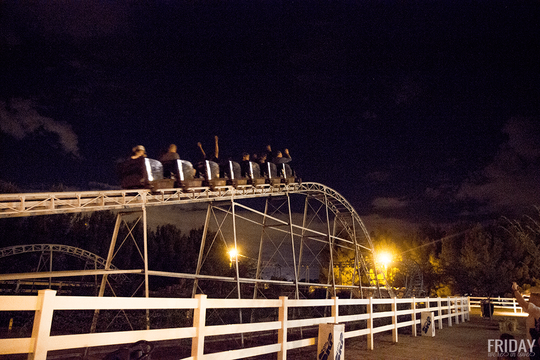 Roller coaster at Schnepf Farms Pumpkin and Chili Fest at nighttime. 
