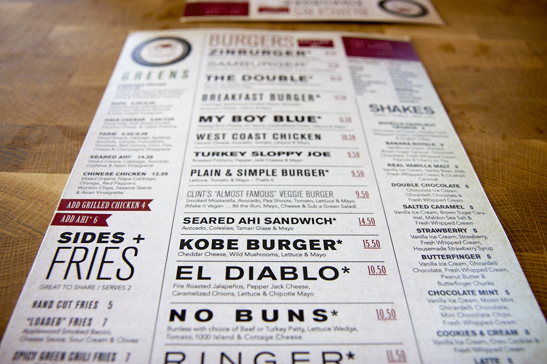 Zinburger menu