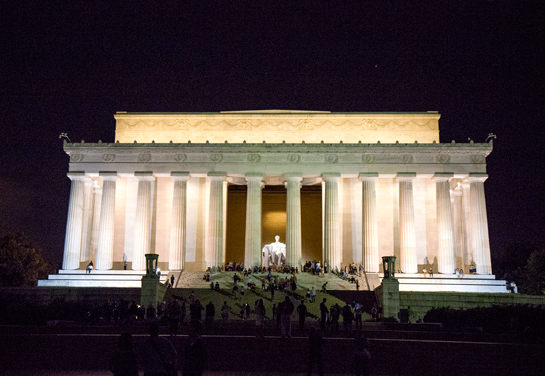 The Lincoln Memorial in Washington D.C. at night. 