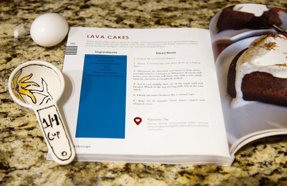 Cookbook for couples with lava cake recipe for an at home together for date night. 