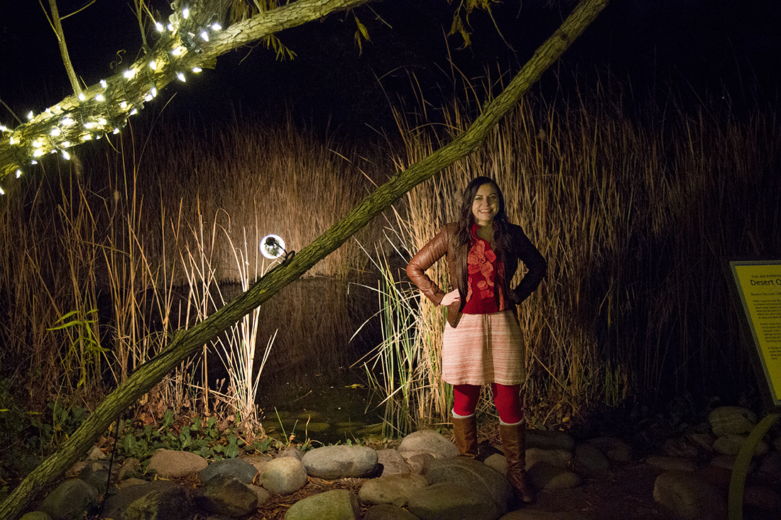 Woman in front of lights at Las Noches de Las Luminarias at the Desert Botanical Gardens. 