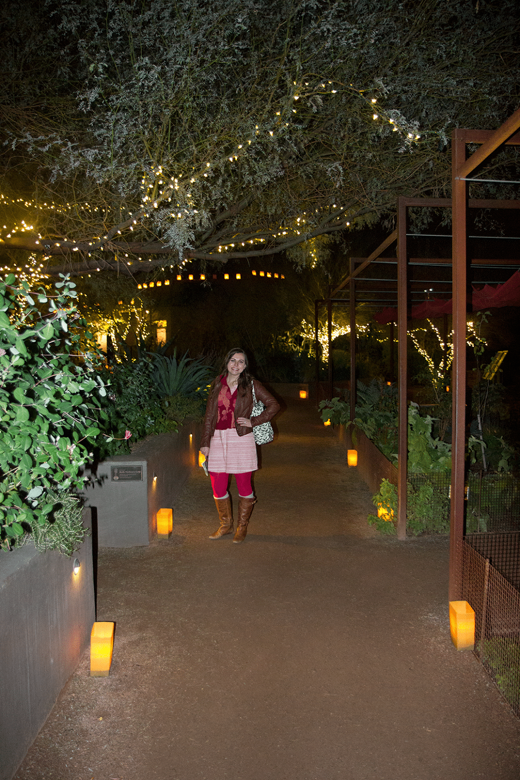 Woman on walkway at Las Noches de Las Luminarias at the Desert Botanical Gardens. 