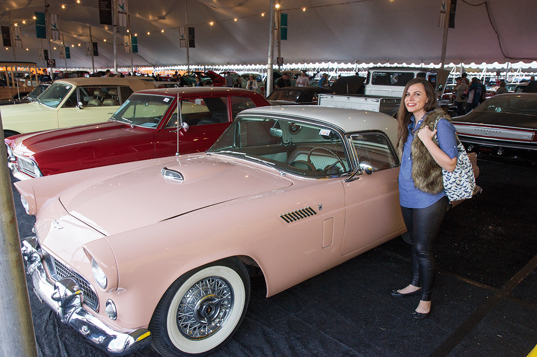 Vintage pink car at the Barrett Jackson auto show. 