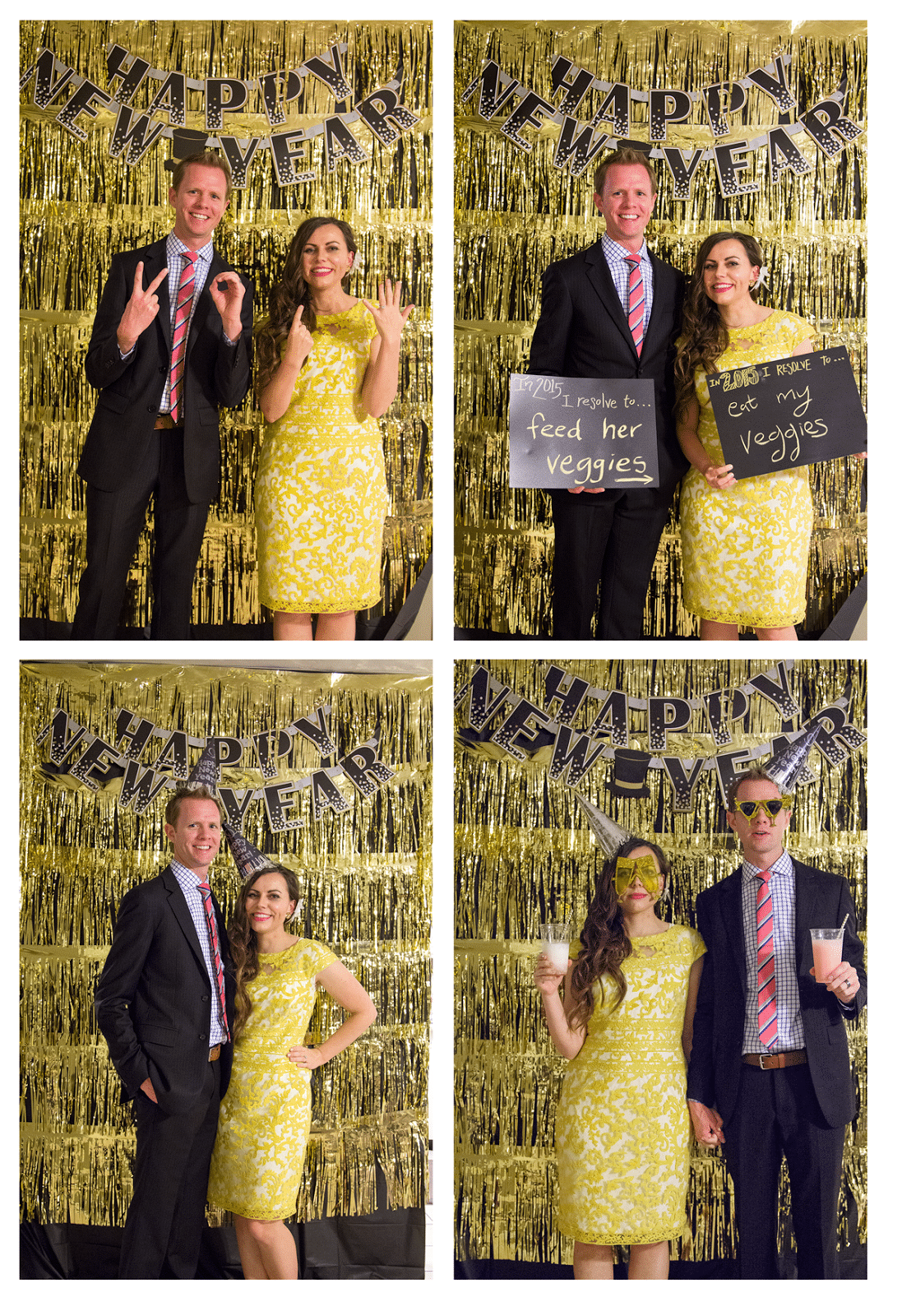 A couple dressed up for a party showing sample poses in front of a budget friendly photo wall for a new year\'s party. 