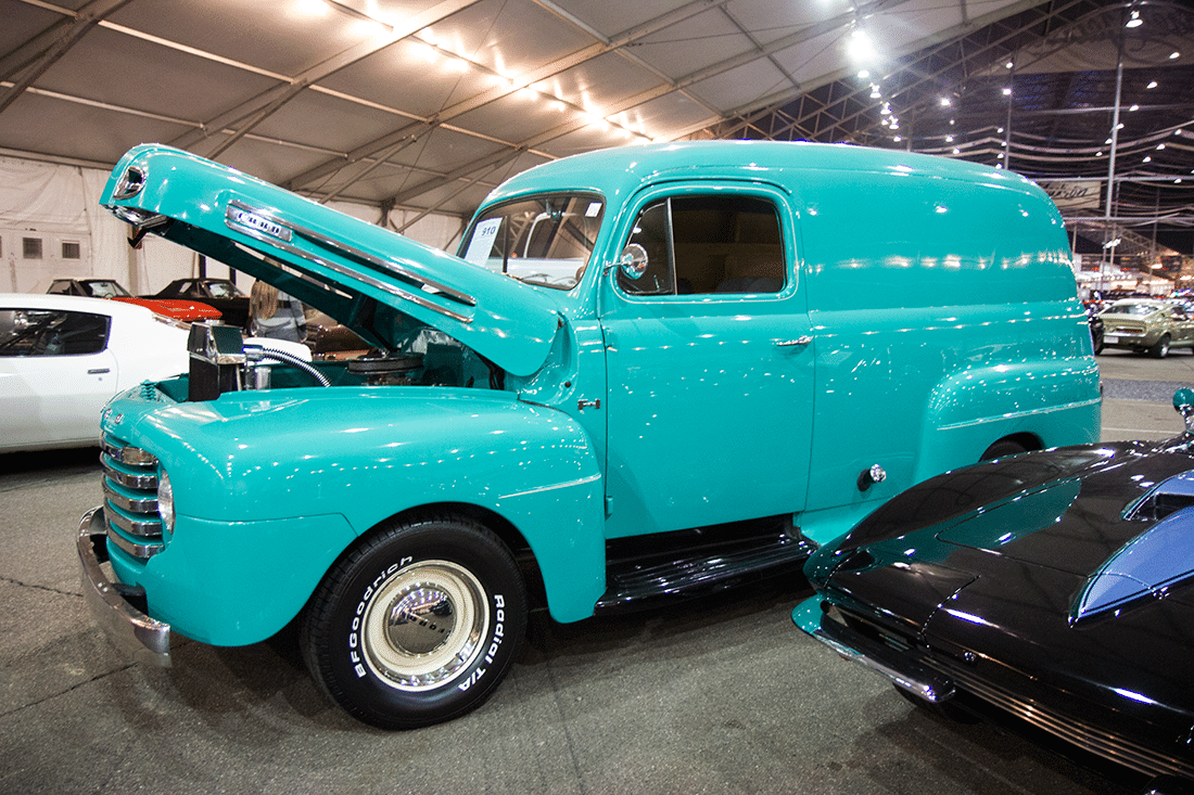 A vintage robin egg blue truck at Barrett Jackson auto show. 