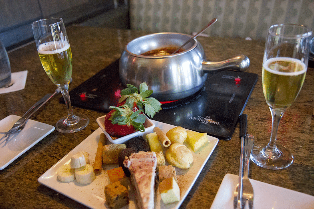 Melting Pot date with fondue pot and dipping items. 