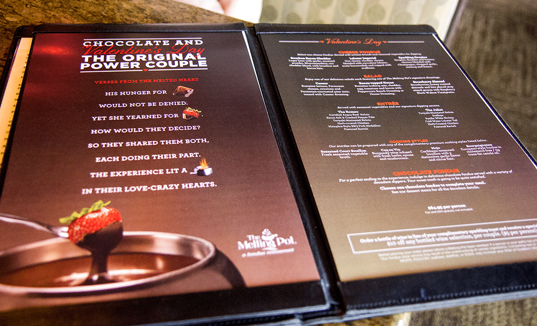 The menu at the Melting Pot. 