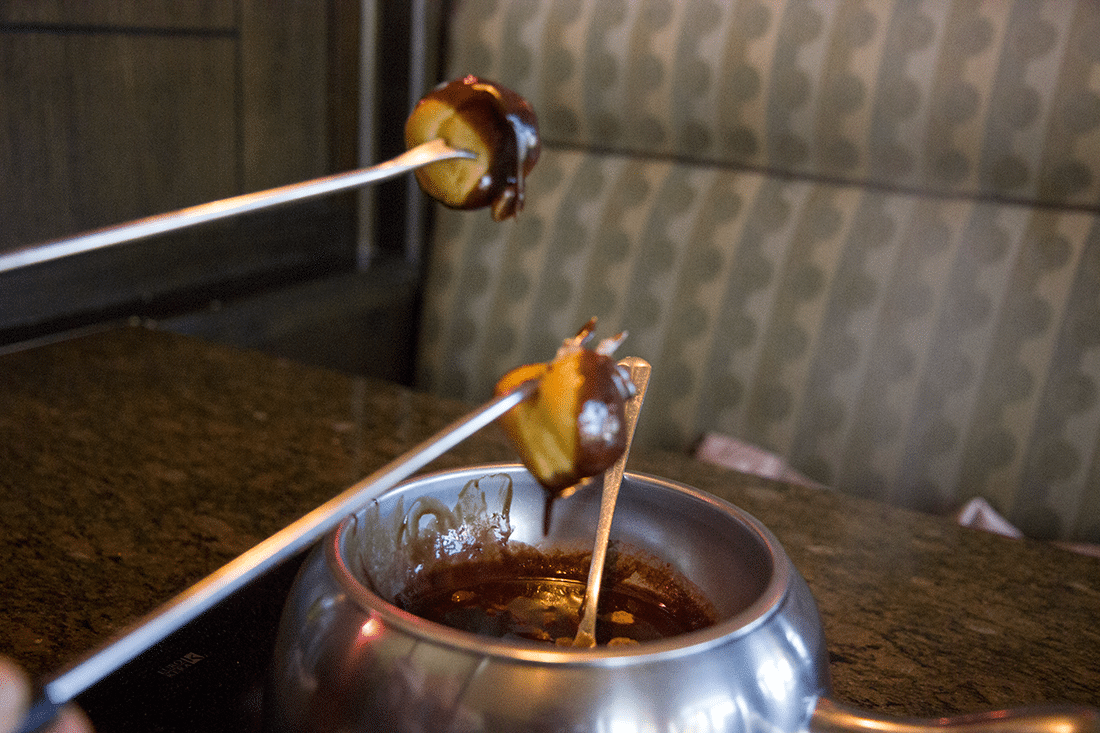 Chocolate fondue with fruit dippers. 