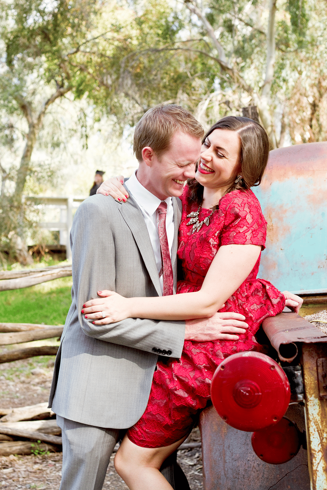 Cute laughing couple taking Anniversary Photo Shoot at Boyce Thompson Arboretum. 