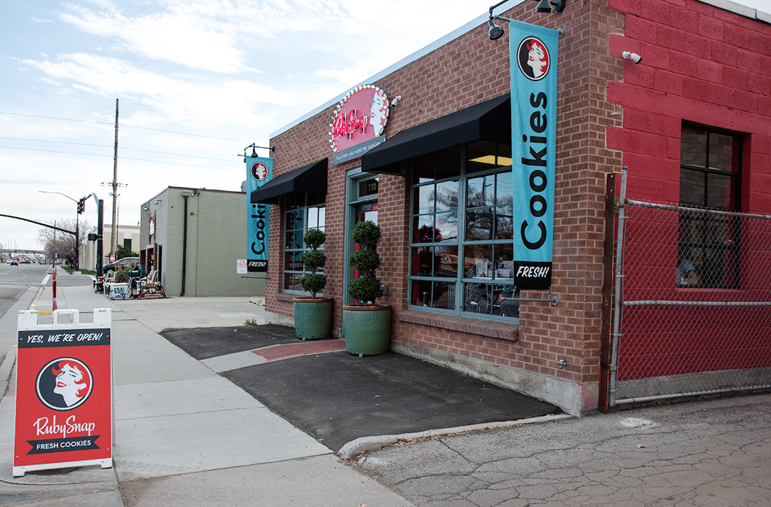 The storefront of Ruby Snap Cookies in Salt Like City Utah. 