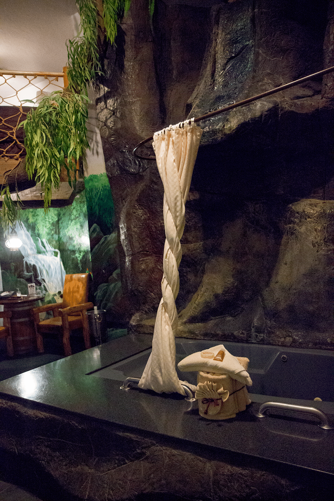 Waterfall view in the Swiss Family Robinson Room at the Anniversary Inn. 