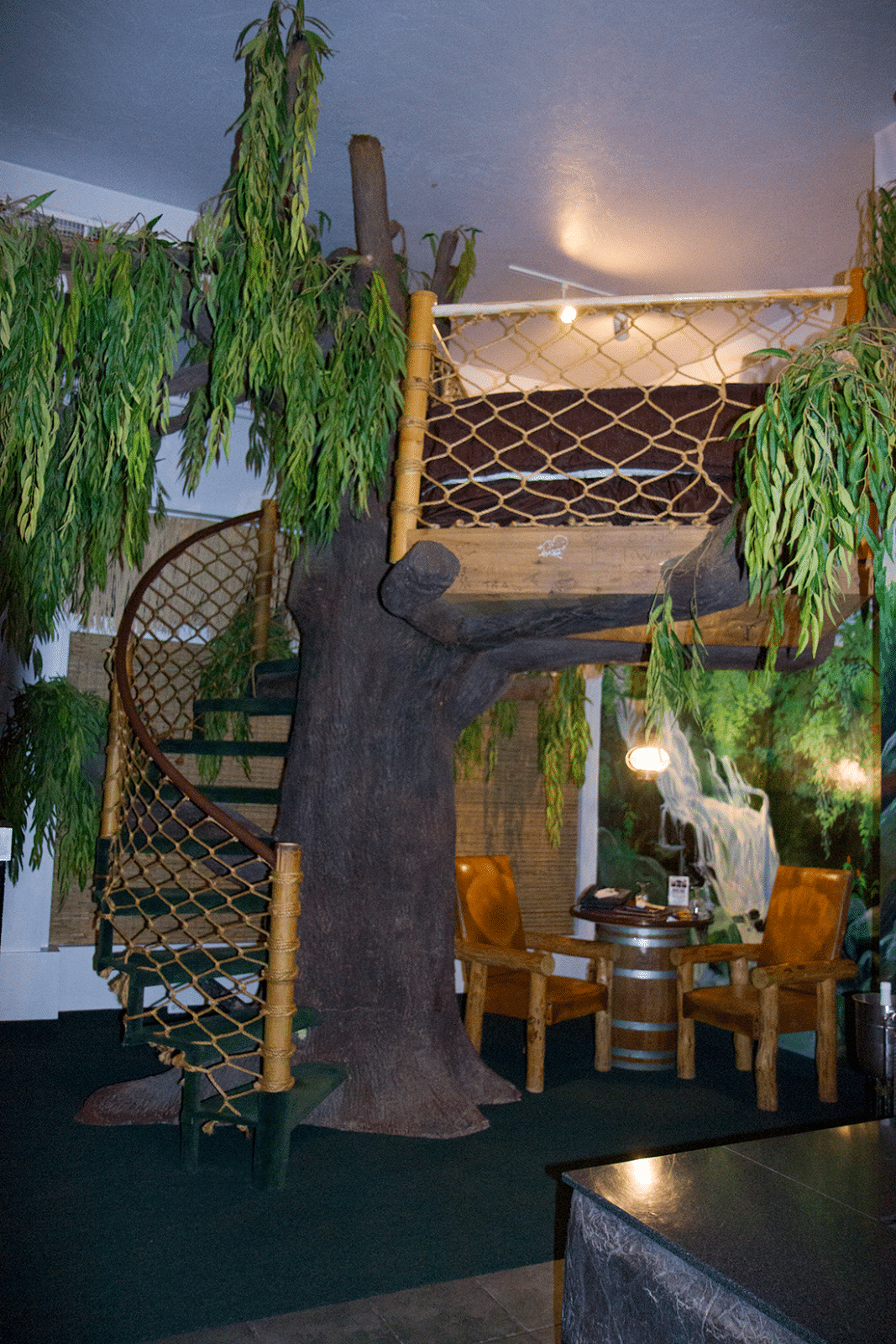The treehouse bed at the Swiss Family Robinson Room at the Anniversary Inn. 