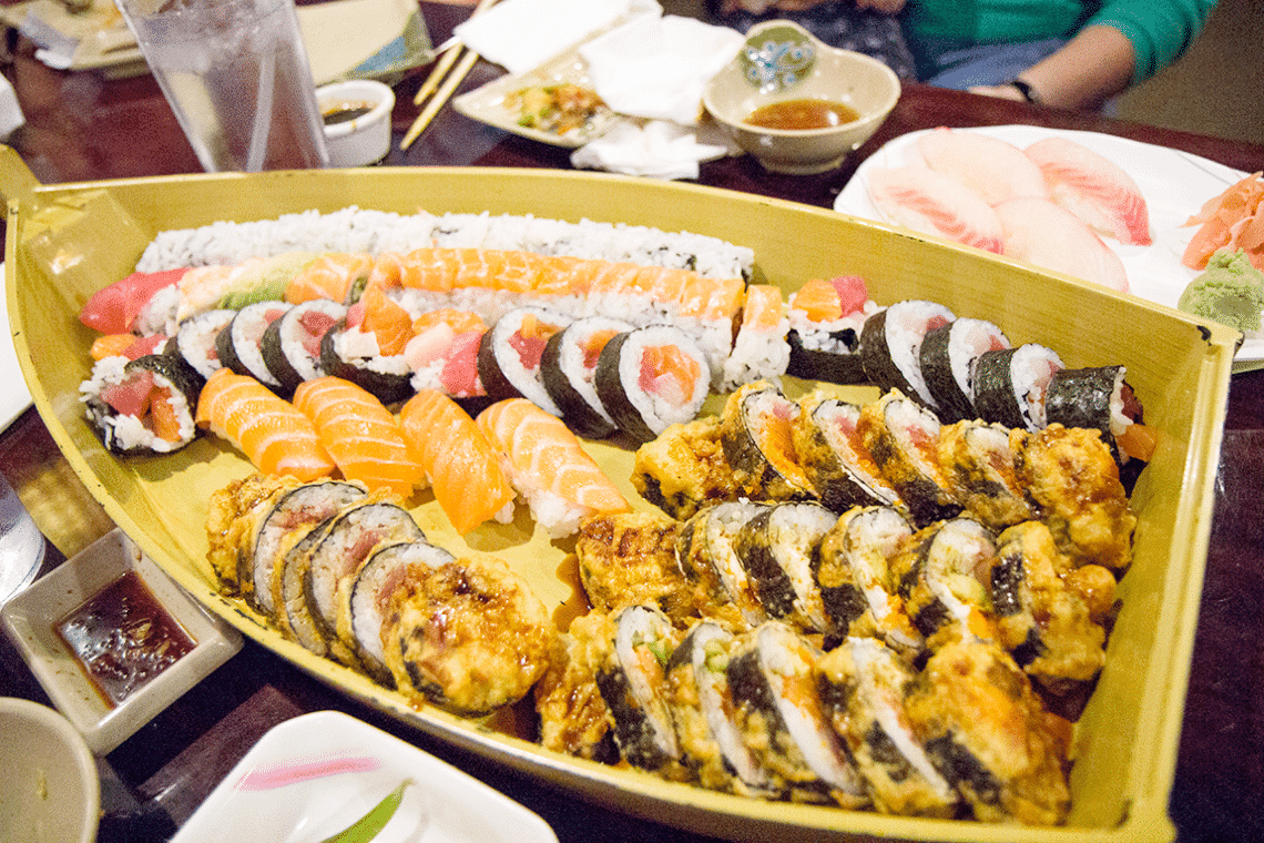 Sushi platter at a sushi restaurant. 