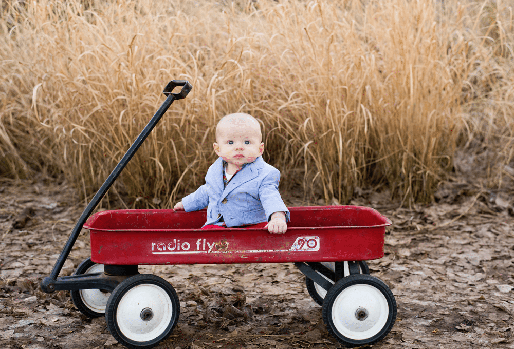 Family pictures with a baby in a Radio Flyer wagon. 