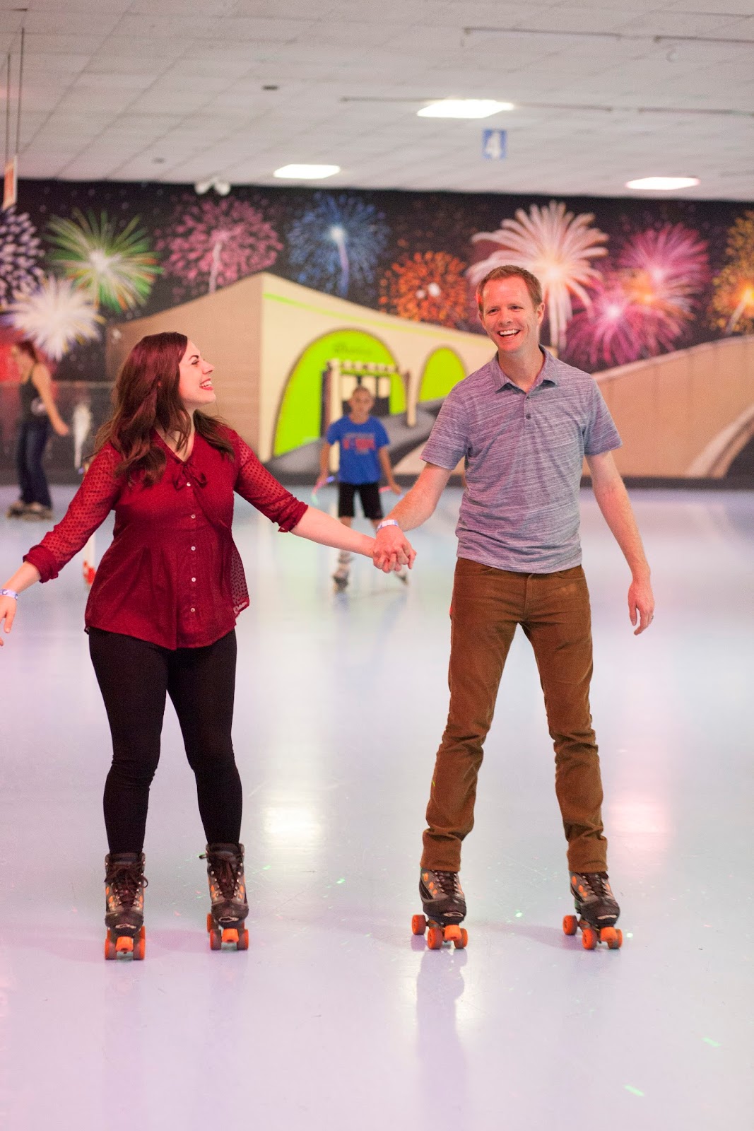 Couple night roller skating. 