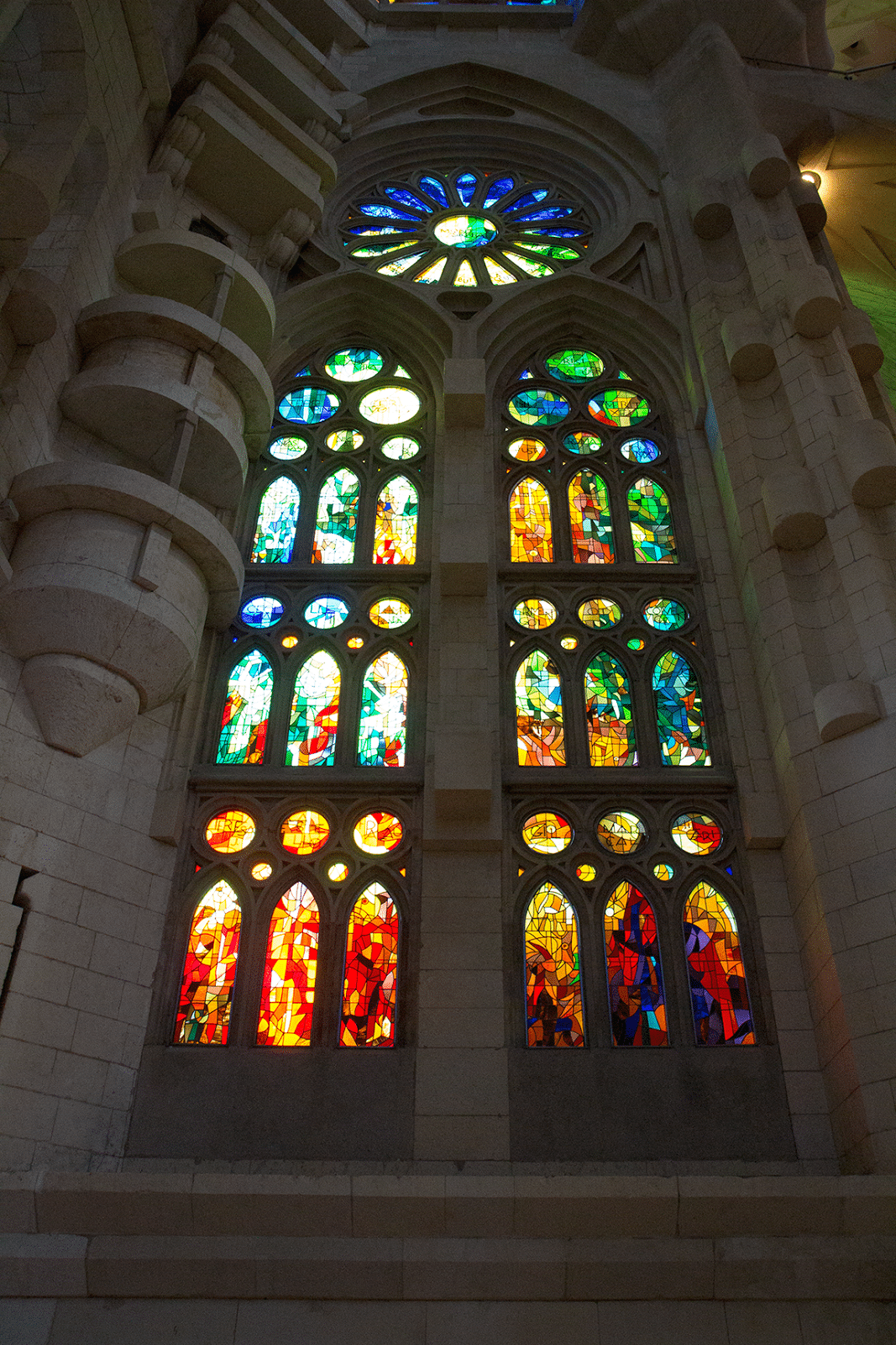 Stained glass windows in La Sagrada Familia. 