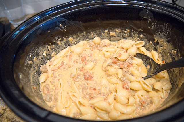 Beefy taco pasta in the crock pot. 
