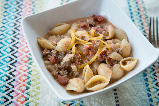 Bowl of Beef taco pasta. 