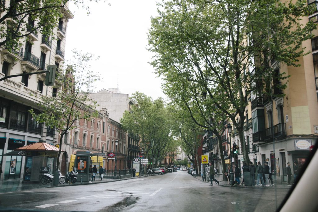 Streets of Madrid Spain on a rainy day. 