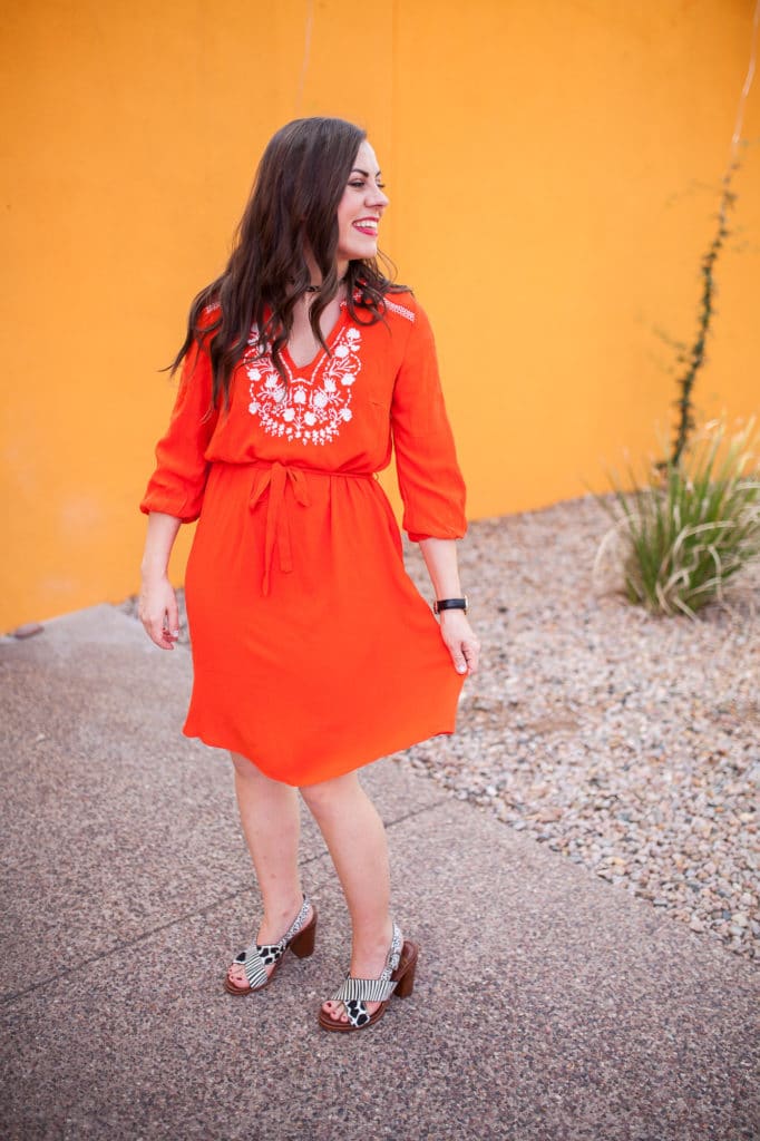 Orange embroidered dress- universally flattering and under $30, perfect spring fashion look that will take you right into summer fashion!