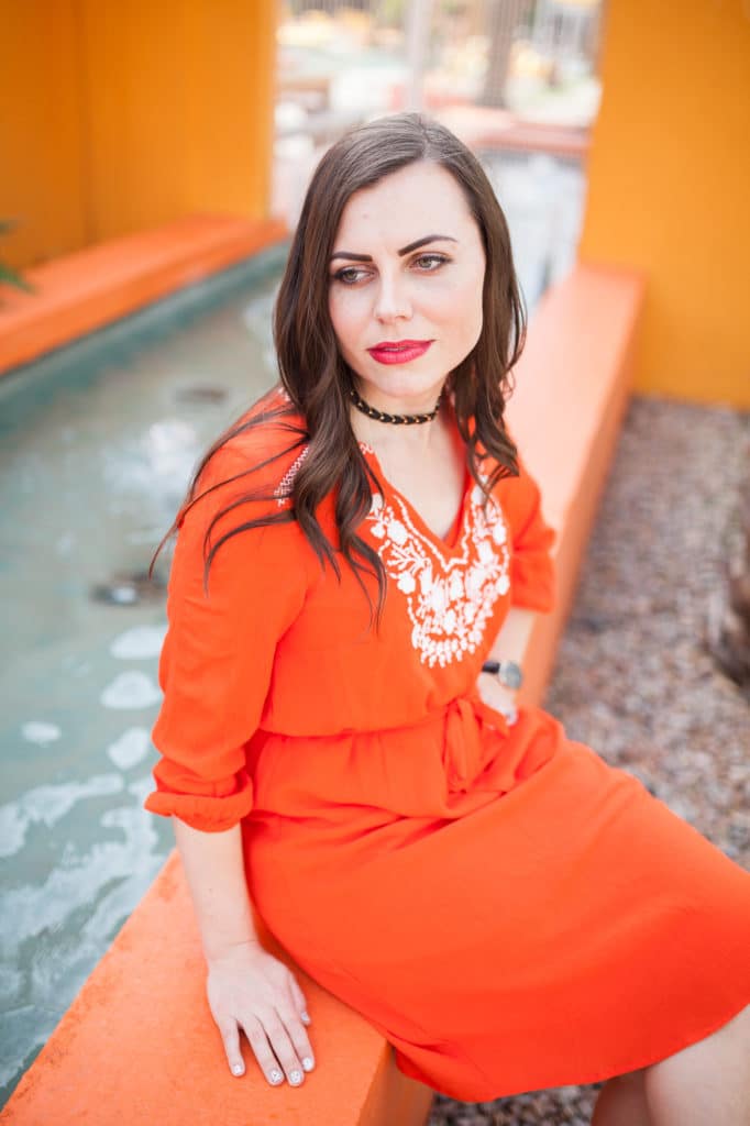 Orange embroidered dress- universally flattering and under $30, perfect spring fashion look that will take you right into summer fashion!