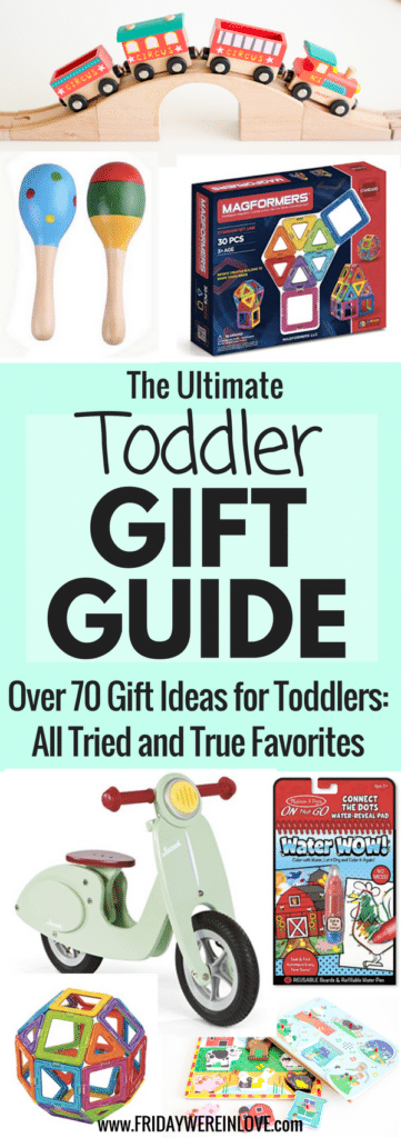 The ultimate toddler gift guide: over 70 gift ideas for toddlers that are all tried and true toddler favorites. Perfect toddler birthday gifts, or holiday gift ideas for toddlers. Your one-year-old gift ideas and two-year-old gift ideas are covered! 