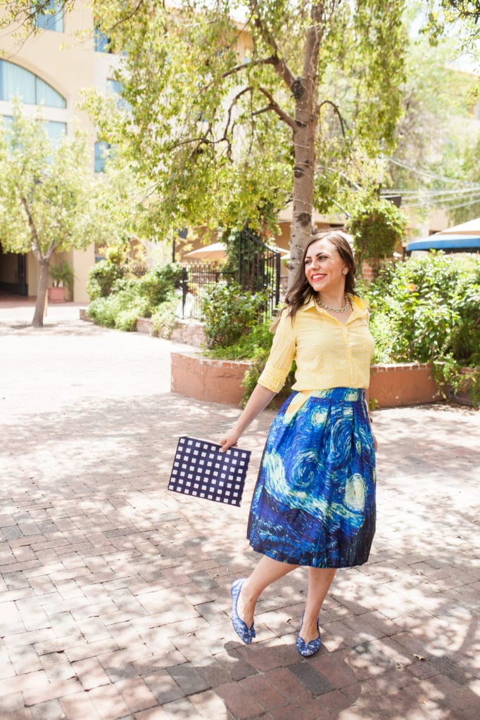 Starry Night Skirt Date Night Outfit- artsy outfit idea perfect date night fashion idea to wear to your next art gallery date