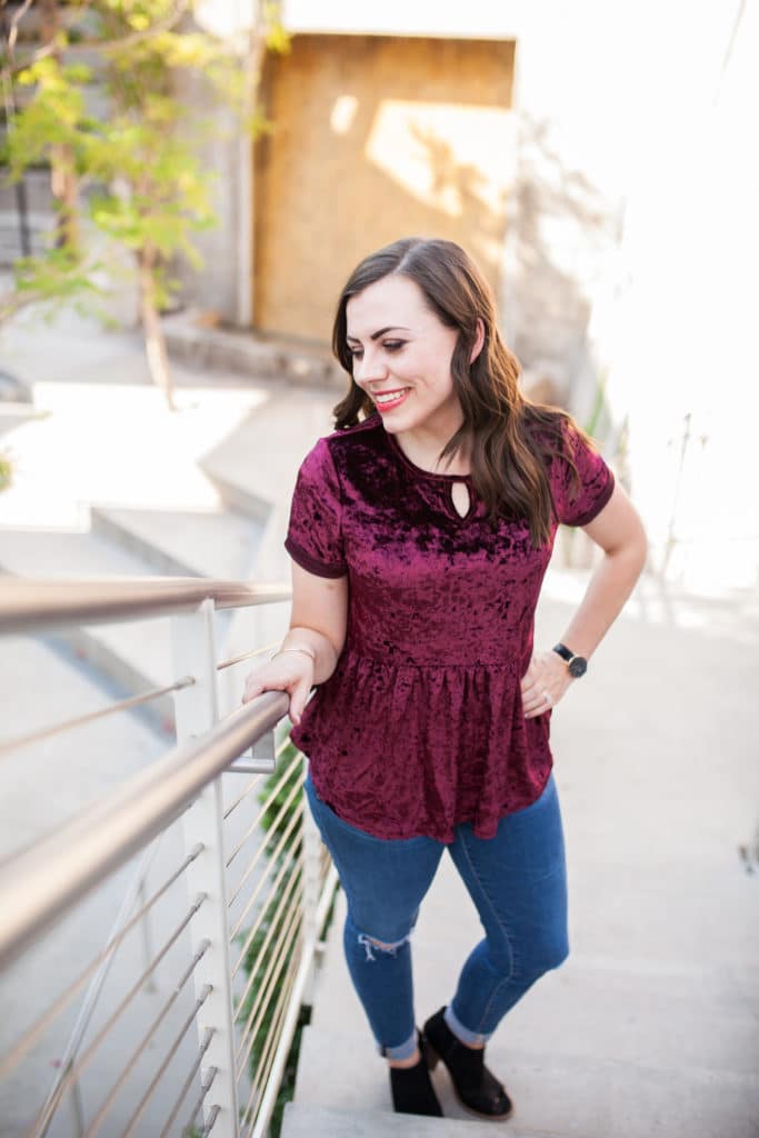 How to style a velvet top: This velvet peplum top is the perfect date night outfit statement piece this fall, and easy to dress up or dress down