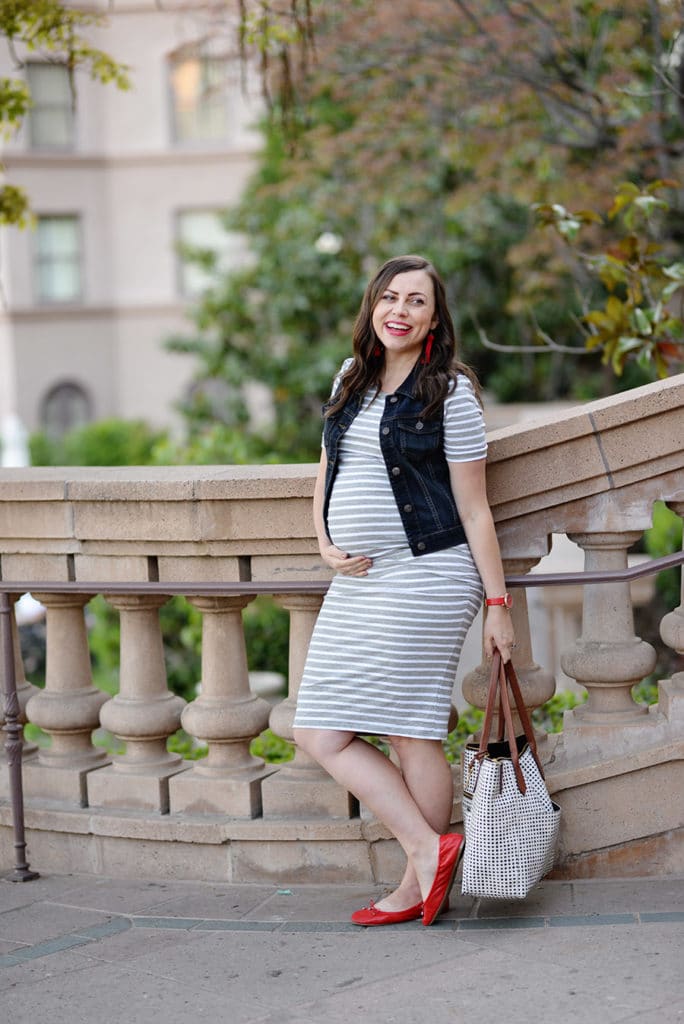 fitted maternity dress in grey striped maternity dress