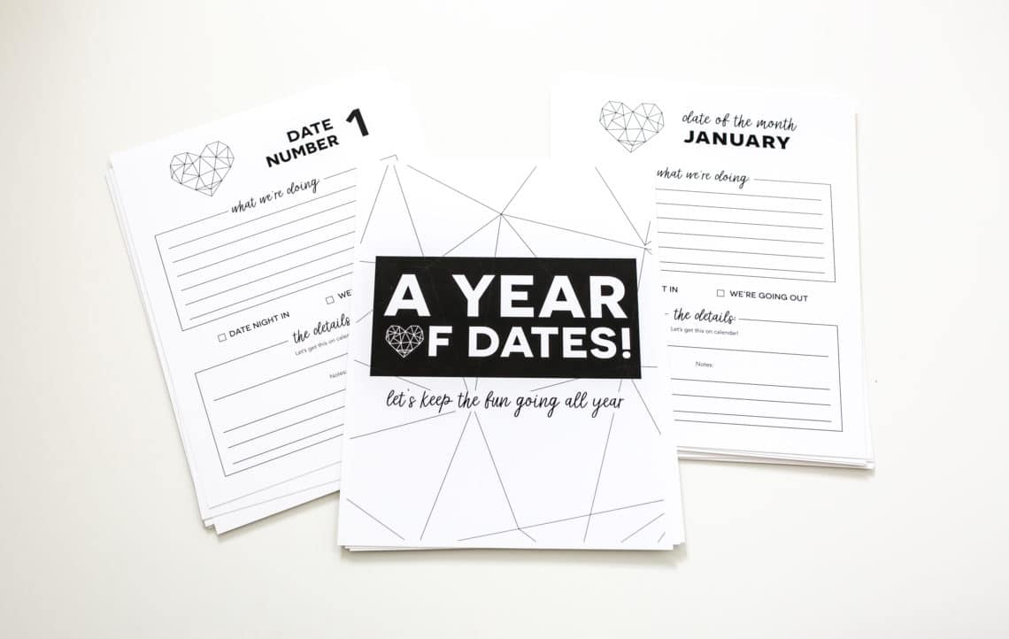 Year of Date Nights gift with a printout showing the Free Printable download. 