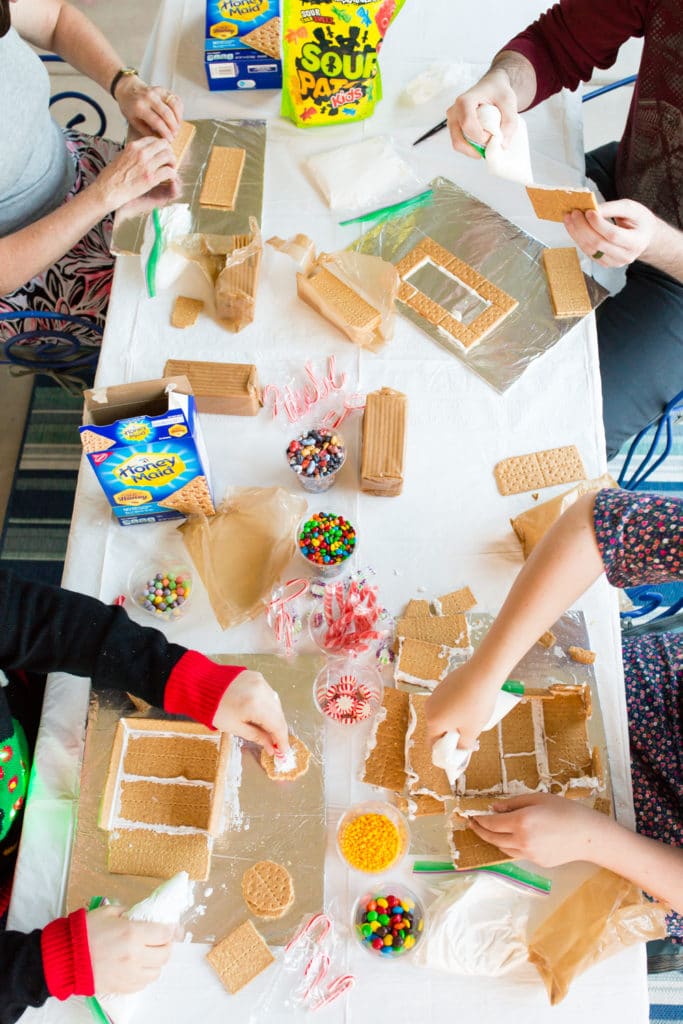 Holiday houses party making your own gingerbread houses out of graham crackers. 