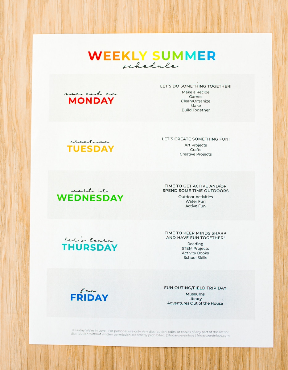 Summer Schedule for Kids-