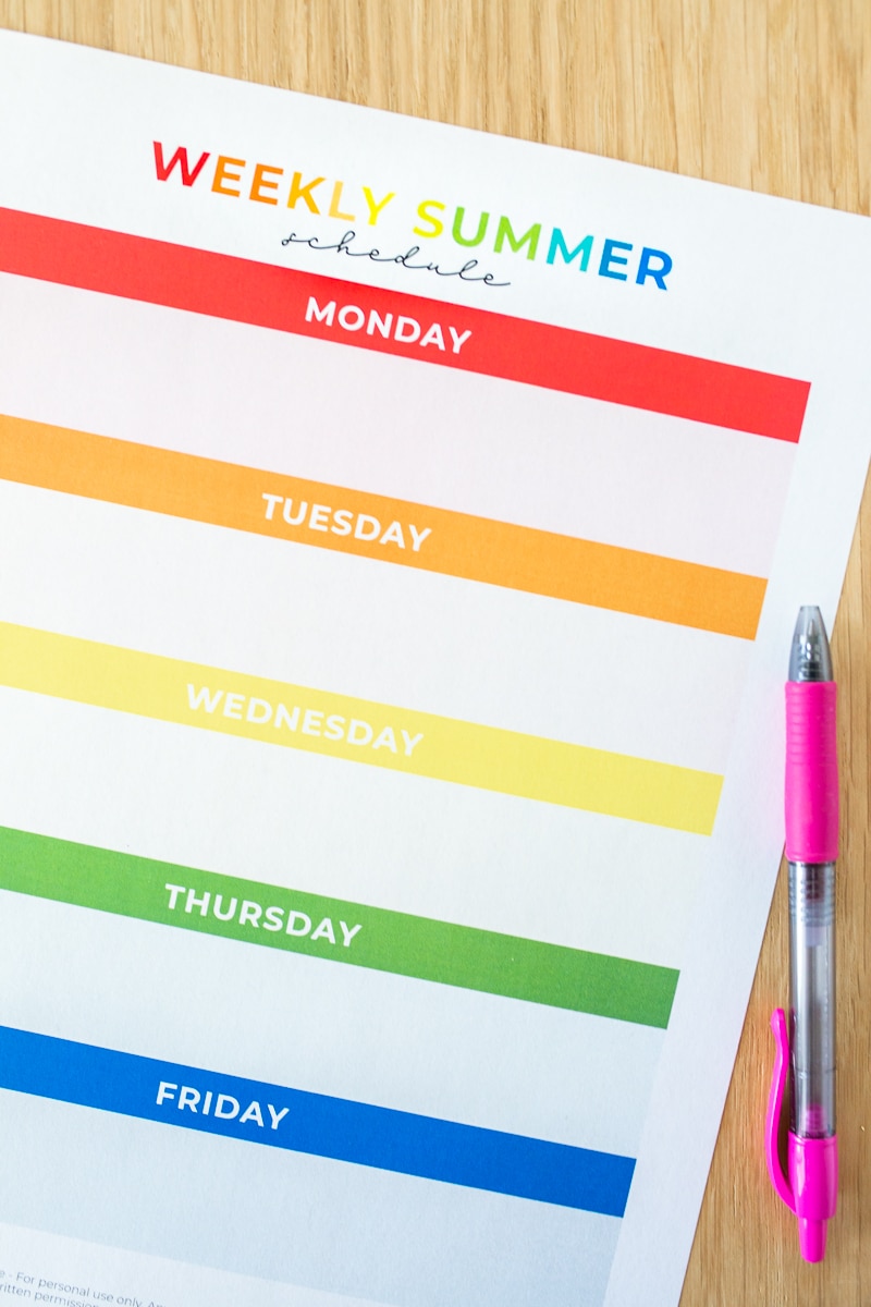 Summer Schedule for Kids Free Printable