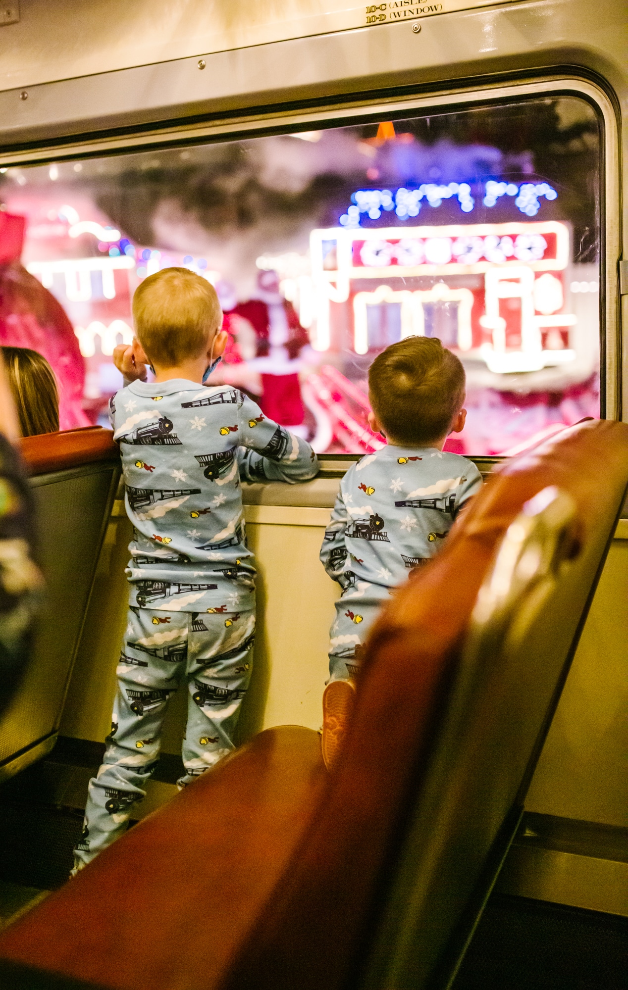 The Polar Express Experience looking out the window at Santa. 