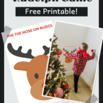 Pinterest pin showcasing Pin the Nose on Rudolph printable game.