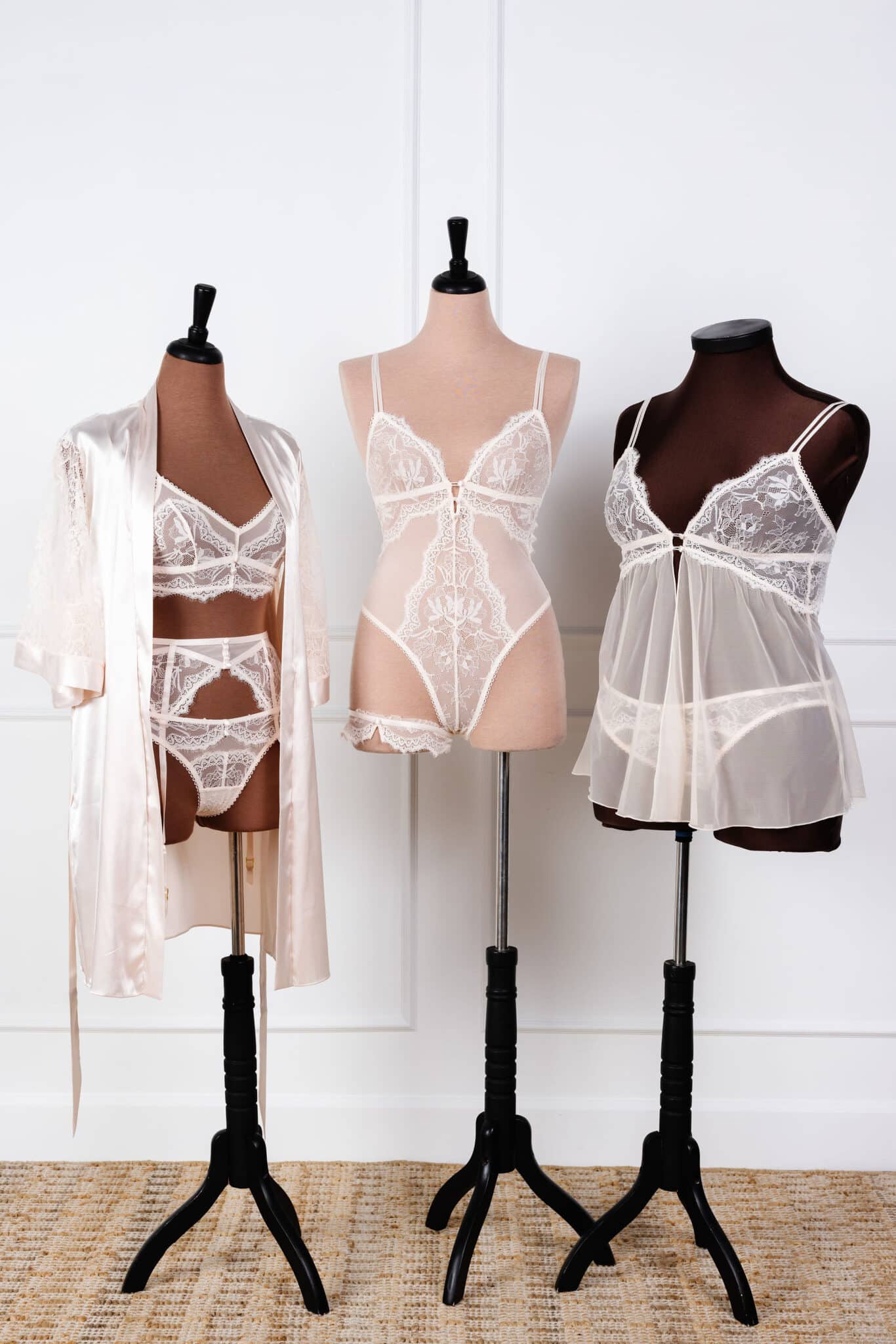 Modeless Lingerie Shopping example with three lingerie pieces on modeless dressforms. 