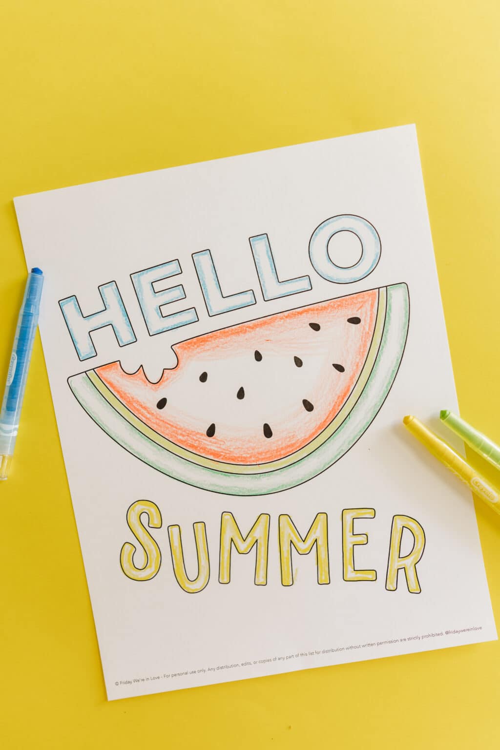 Hello Summer Coloring Page printed out and colored. 