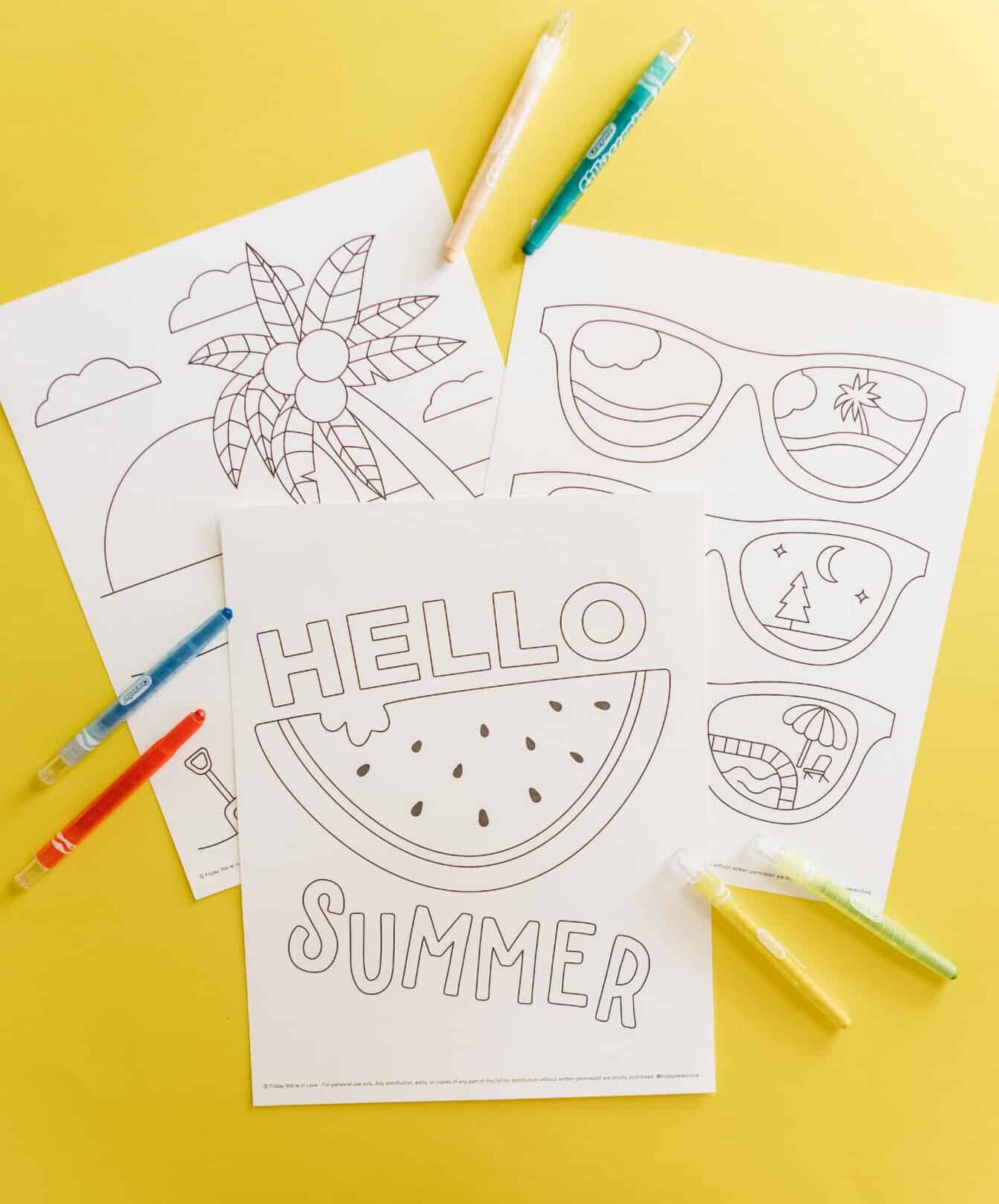 Summer coloring pages for kids printable downloads with bright crayons. 